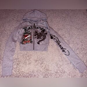 Ed Hardy “Heart Roses”Grey Cropped Full Zip Hoodie NWT Size XS